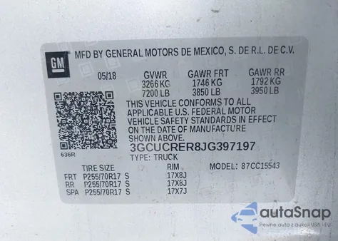 2018 Chevrolet Silverado 1500 1Lt из США, поврежденный, VIN 3GCUCRER8JG397197